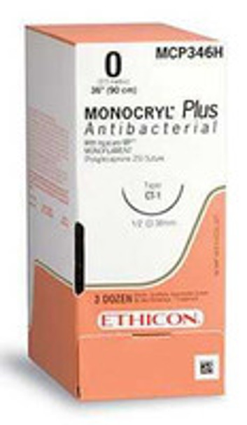 Absorbable Antibacterial Suture with Needle Monocryl Plus Poliglecaprone 25 with Irgacare MP Antibacterial Suture PS-2 3/8 Circle Precision Reverse Cutting Needle Size 3 - 0 MCP427H Box of 1