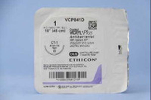 Absorbable Antibacterial Suture with Needle Coated Vicryl Plus Polyglactin 910 with Irgacare MP Antibacterial Suture CT-1 1/2 Circle Taper Point Needle Size 1 Braided VCP841D Box of 12