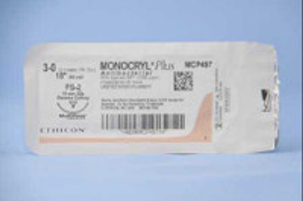 Absorbable Antibacterial Suture with Needle Monocryl Plus Poliglecaprone 25 with Irgacare MP Antibacterial Suture PS-2 3/8 Circle Precision Reverse Cutting Needle Size 3 - 0 MCP497G Box of 1