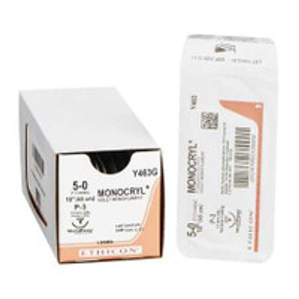 Absorbable Suture with Needle Monocryl Poliglecaprone P-3 3/8 Circle Precision Reverse Cutting Needle Size 5 - 0 Monofilament Y463G Box of 12