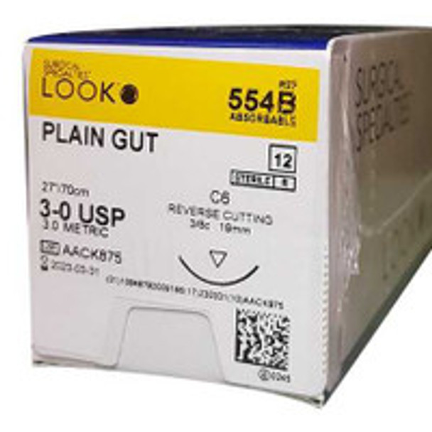 Absorbable Suture with Needle LOOK® Plain Gut C-6 3/8 Circle Reverse Cutting Needle Size 3 - 0 554B One Dozen