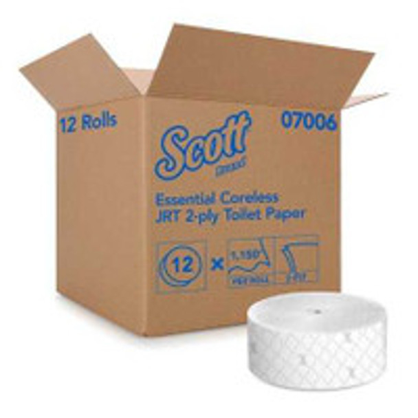 Toilet Tissue Scott® Essential Coreless JRT White 2-Ply Jumbo Size Coreless Roll Continuous Sheet 3-3/4 Inch x 1150 Foot 07006 Case of 12