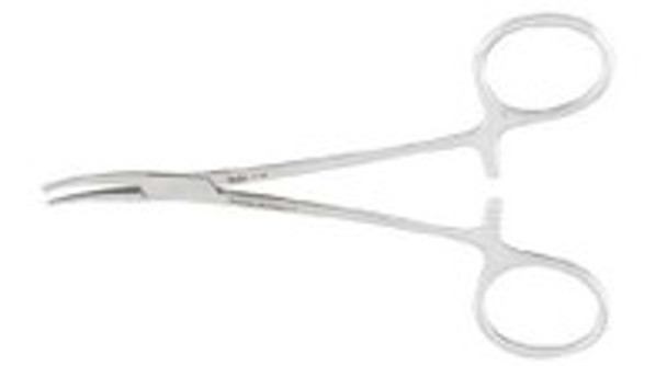 Hemostatic Forceps Miltex® Halsted-Mosquito 5 Inch Length OR Grade German Stainless Steel NonSterile Ratchet Lock Finger Ring Handle Curved Serrated Tips with 1 x 2 Teeth 7-16 Pack of 1
