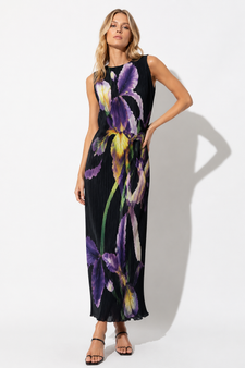 This sleeveless pleated dress features a striking oversized iris floral print that brings timeless sophistication to every occasion. Designed with lightweight chiffon fabric, it drapes beautifully while offering comfortable movement and a flattering silhouette.
