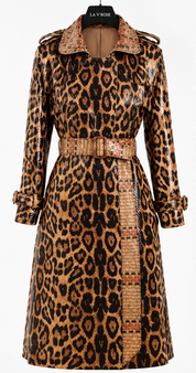 Make a bold entrance in the Leopard Rosette Trench Coat. Designed for the woman who embraces statement-making style, this sophisticated longline coat combines a striking leopard rosette print with a luxurious, glossy textured finish.