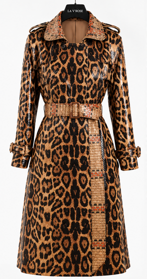 Make a bold entrance in the Leopard Rosette Trench Coat. Designed for the woman who embraces statement-making style, this sophisticated longline coat combines a striking leopard rosette print with a luxurious, glossy textured finish.