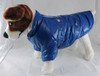 Dog modelling a blue winter parka by Purrdy Paws, for fitting, comfortable, to keep your dog warm and dry