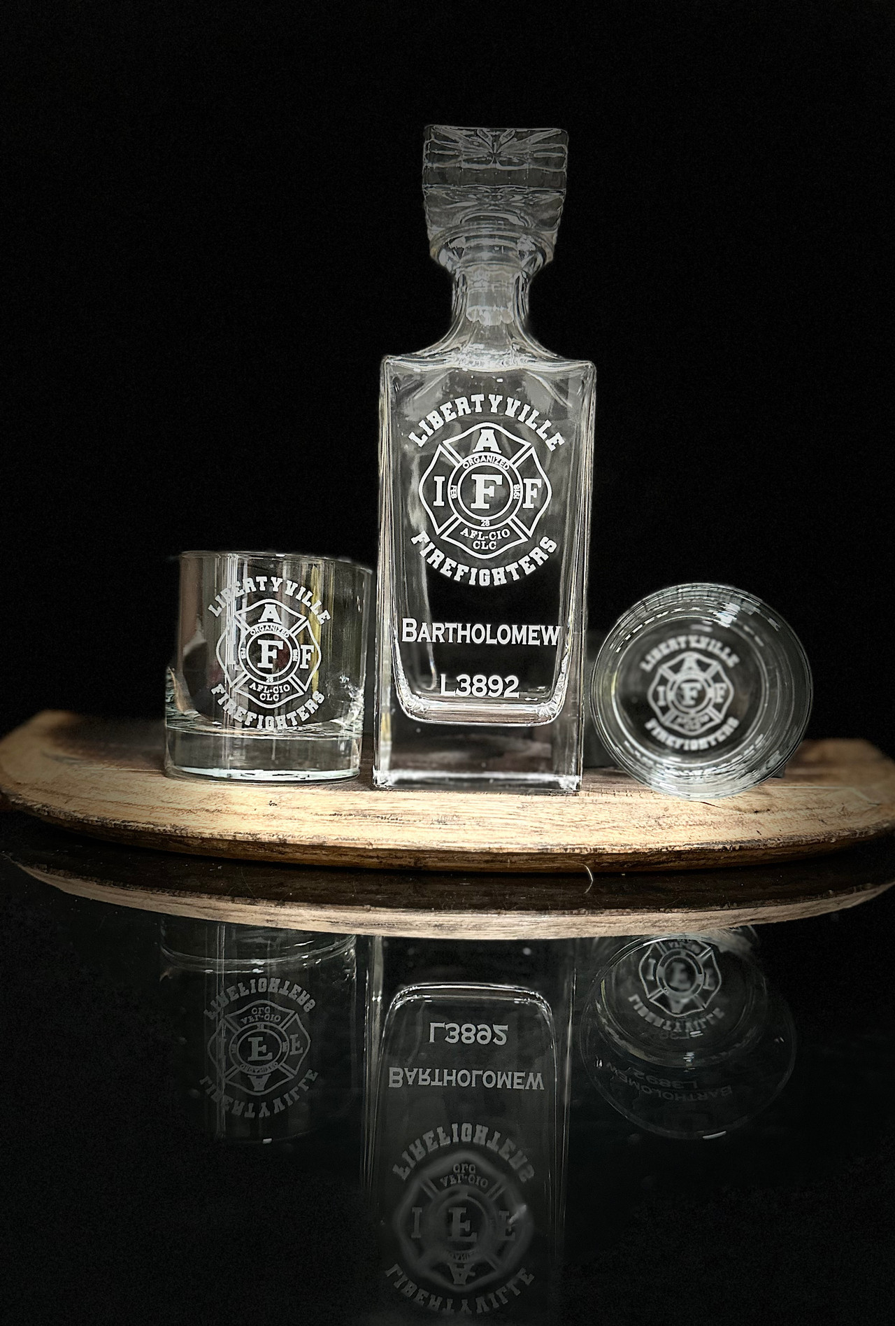 Custom Fire Department Badge Whiskey Decanter Set - Personalized Gifts for Fire and Rescue Retirements and Promotions