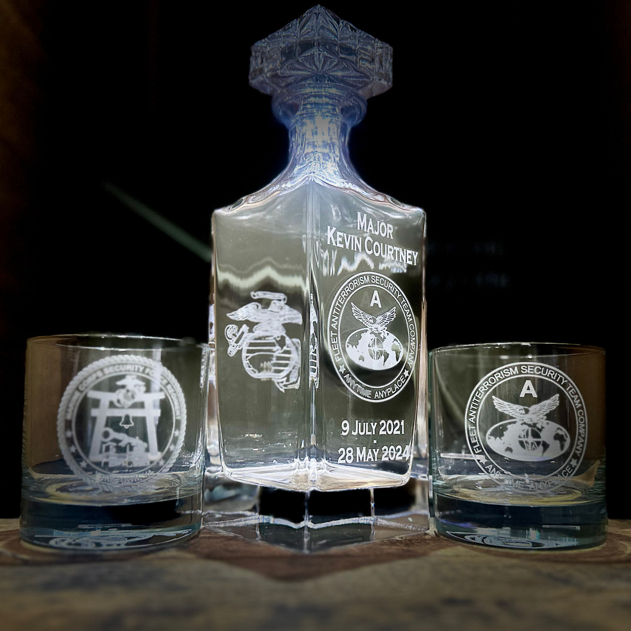 Custom Marine Corps Security Force Regiment Whiskey Decanter Set