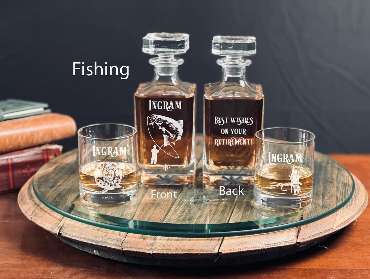 Personalized Fishing Retirement Gift Whiskey Decanter Set