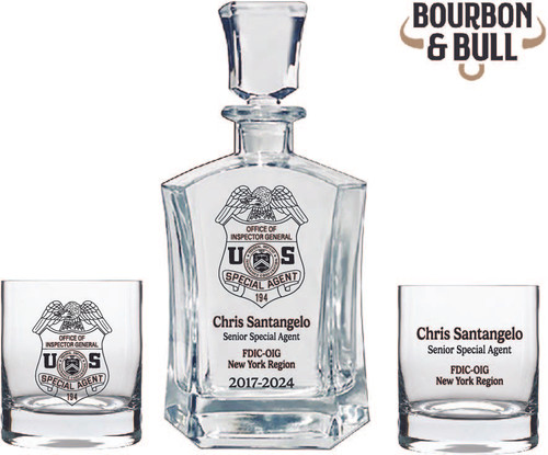 FDIC OIG Special Agent Custom Whiskey Decanter Set, engraved