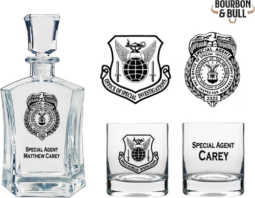 USAF OSI Special Agent Badge Custom Whiskey Decanter Set, engraved