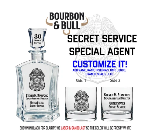 Secret Service Special Agent Custom Whiskey Decanter Set, engraved
