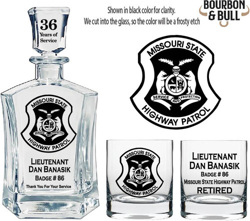 Missouri Highway Patrol Badge Custom Decanter Set, engraved