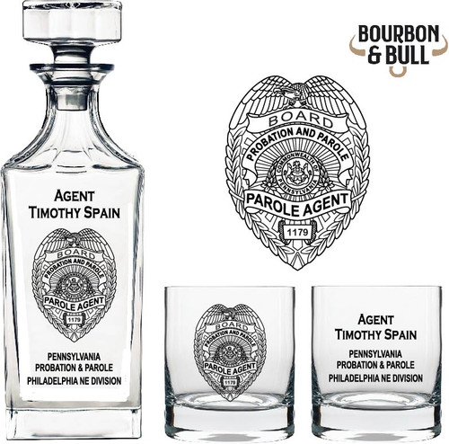 Pennsylvania Probation & Parole Badge Whiskey Decanter Set, engraved