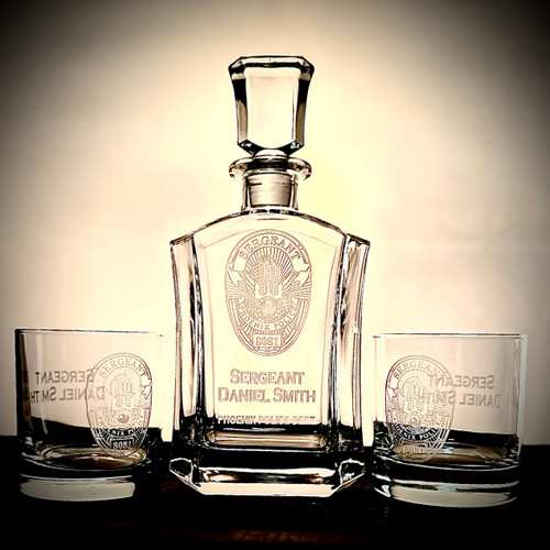 Phoenix Police Badge Custom Whiskey Decanter Set, engraved, front