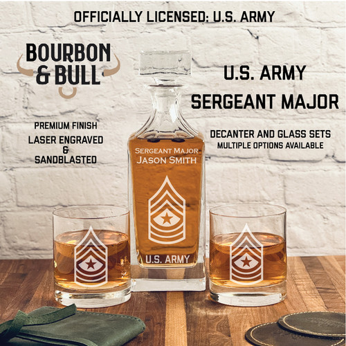 Army Sergeant Major Custom Engraved Whiskey Decanter Set, engraved