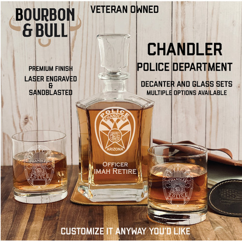 Chandler Police Badge Whiskey Decanter Set - Custom Designed to Your Department Badge or Patch