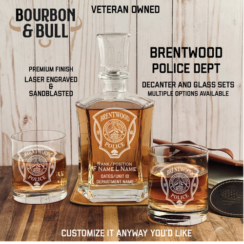 Brentwood Police Department Badge Whiskey Decanter Set - Custom Designed to Your Department Badge or Patch