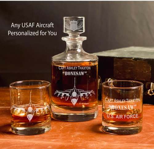 Custom RC-135 Rivet Joint Whiskey Decanter and Glass Sets, engraved