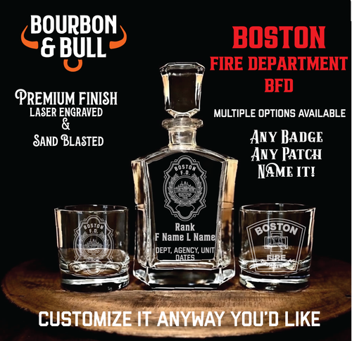 Boston Fire Department Whiskey Decanter Set - Custom Boston Firefighter Gift