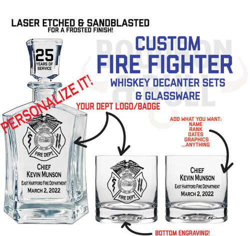 Custom Fire Fighter Retirement Whiskey Decanter Gift Set - Shield Decanter, Badge Decanter