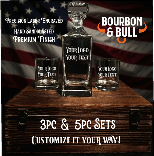 Custom Artisan Whiskey Decanter Set in Handcrafted Wooden Box – Bourbon, engraved