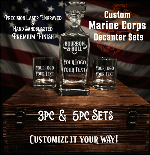 Custom Marine Corps Whiskey Decanter Set in Handcrafted Wooden Box – Bourbon Lover's Premium Presentation Gift