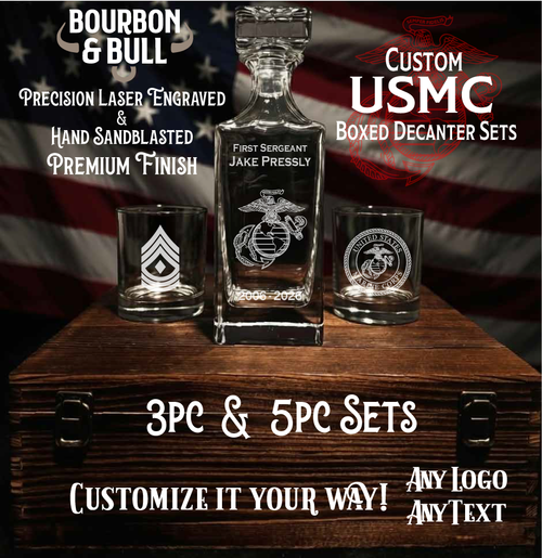 Custom Marine Corps Whiskey Decanter Set in Handcrafted Wooden Box – Bourbon Lover's Premium Presentation Gift
