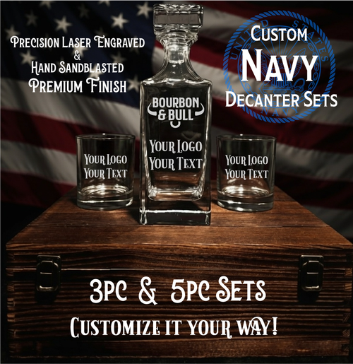 Custom Navy Whiskey Decanter Set in Handcrafted Wooden Box – Bourbon Lover's Premium Presentation Gift