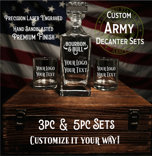 Custom Army Decanter Set in Handcrafted Wooden Box – Bourbon Lover's Premium Presentation Gift