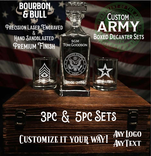Custom Army Whiskey Decanter Set in Handcrafted Wooden Box – Bourbon Lover's Premium Presentation Gift