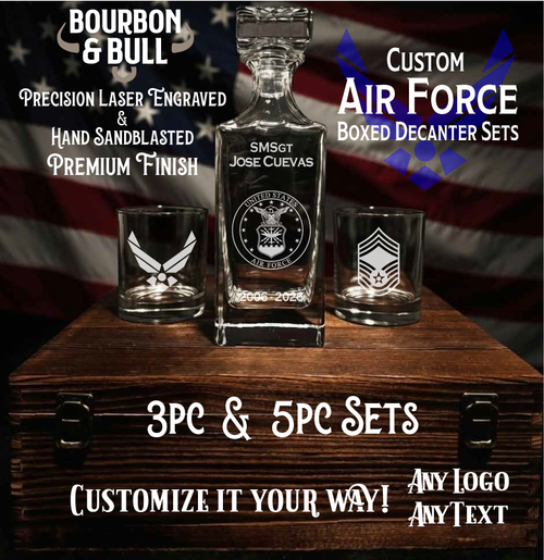 Custom Navy Whiskey Decanter Set in Handcrafted Wooden Box – Bourbon Lover's Premium Presentation Gift