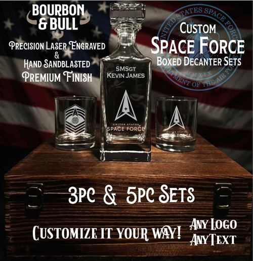 Custom Space Force Decanter Set in Handcrafted Wooden Box – Bourbon Lover's Premium Presentation Gift