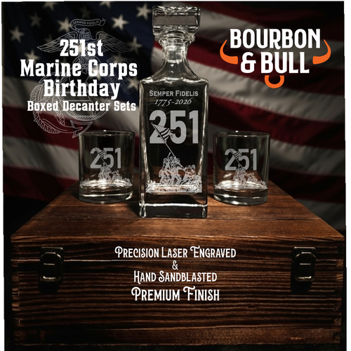 251st Marine Corps Birthday Whiskey Decanter Set in Handcrafted Wooden Box –, engraved