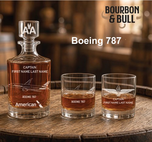 American Airlines Boeing 787 pilot whiskey decanter set