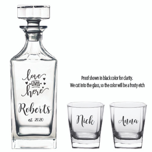 "Love Lives Here" Wedding  Decanter Set