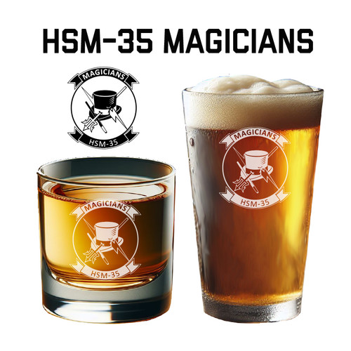 HSM-35 Magicians Navy Squadron Engraved Glassware