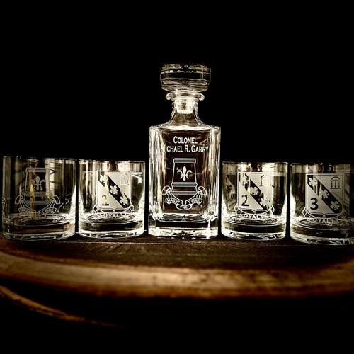 Army FAR Field Artillery Whiskey Decanter Gift Set, engraved, front