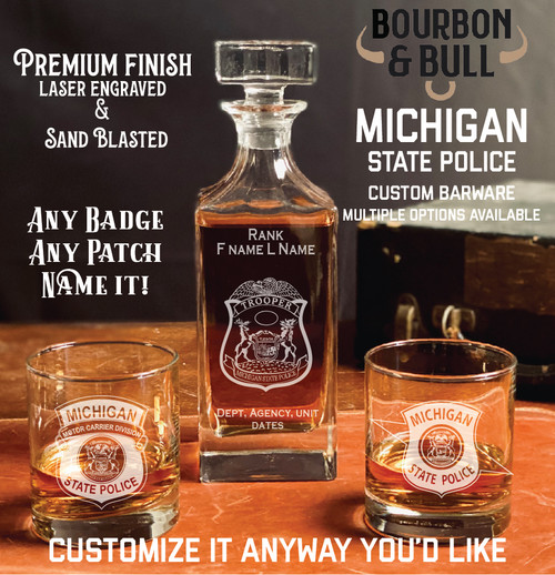 Michigan State Police Badge Personalized Whiskey Decanter Set, engraved