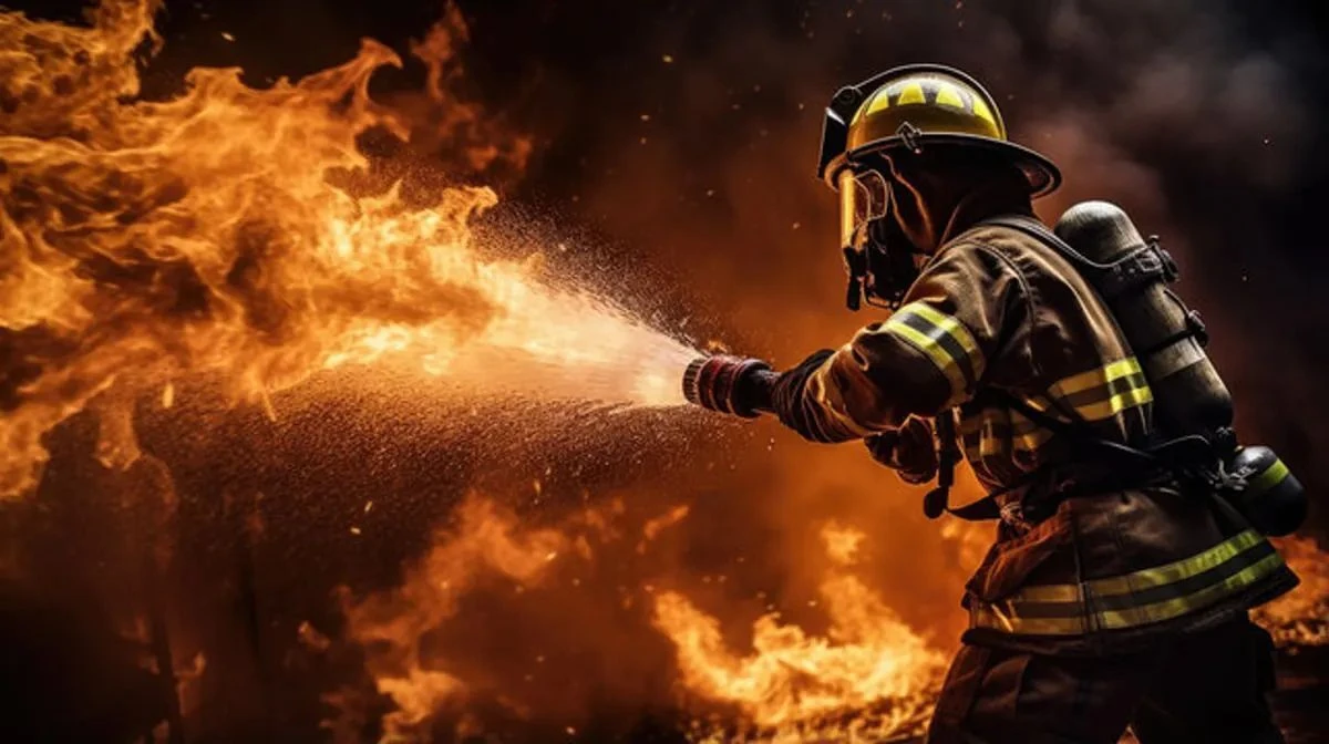 Firefighter in full gear spraying a hose into flames