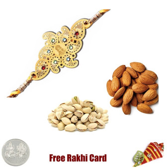 24 Ct. Gold Plated Rakhi with 225 Grams Almonds and Pistachios and Free Silver Coin