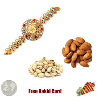 24 Ct. Gold Plated Rakhi with 450 Grams Almonds and Pistachios and Free Silver Coin