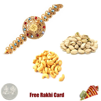 24 Ct. Gold Plated Rakhi with 450 Grams Pistachios and Cashews and Free Silver Coin