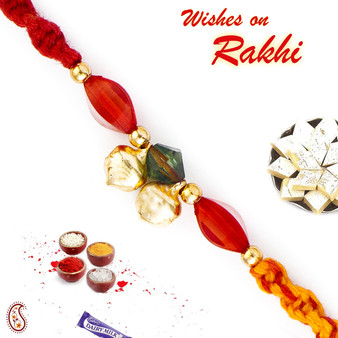 Red Stone & Golden Bead Mauli Thread Rakhi - PRS1707