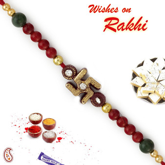 Maroon & Green Beads Mauli Rakhi with Swastik - PRS1717