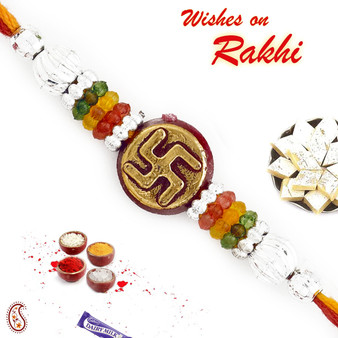 Silver & Golden Swastik Motif Mauli Thread Rakhi - PRS1718