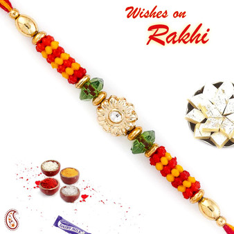 Floral Motif & Beads Studded Mauli Thread Rakhi - PRS1746