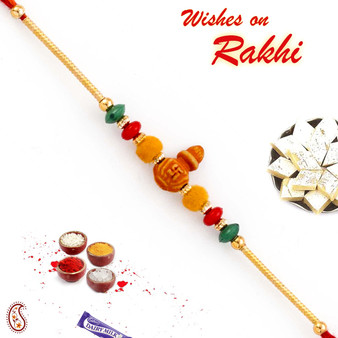 Multicolor Beads Studded Swastik Kalash Motif Thread Rakhi - PRS1766