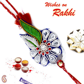 Blue & Green Floral Pattern Rakhi with Crystal Stones - PRS17108